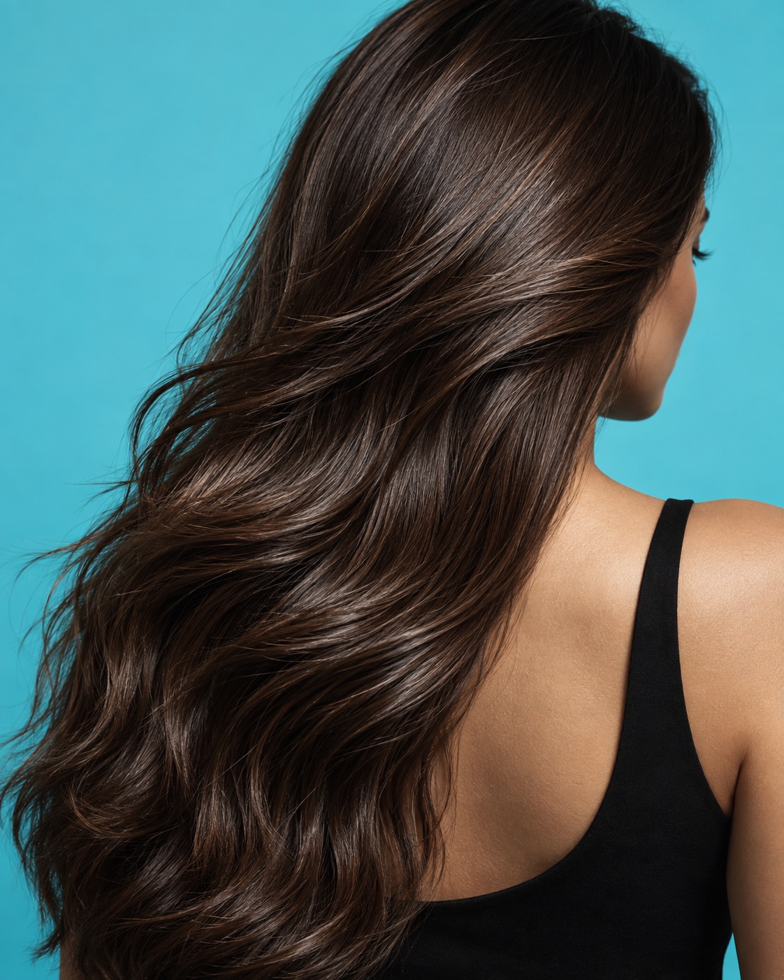 Editorial image of glossy brunette waves against a turquoise background